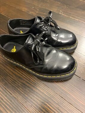 Dr. Martens Black Leather Platform Oxfords smooth leather with Yellow Stitching